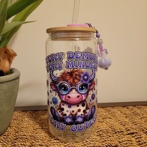 Cute Highland Cow Glass Cup Tumbler with Bamboo Lid, Brush, Straw & Charm Topper